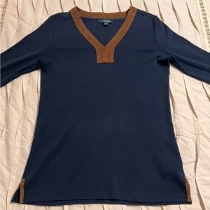 Lauren Ralph Lauren Shirt Womens Size Medium Navy Blue Faux Leather Trim V Neck